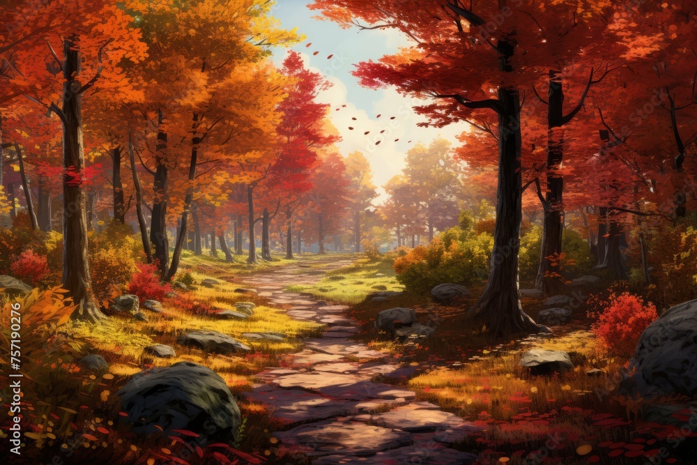 a vibrant and colorful autumn forest with a variety of trees in full fall foliage