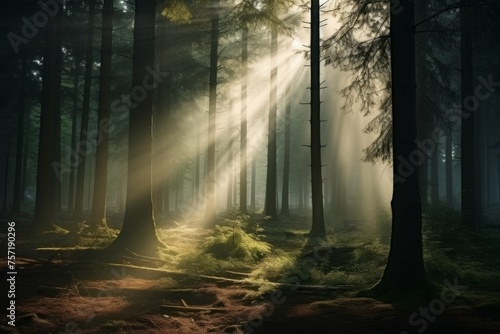 a beautiful and mysterious forest with fog and sunlight