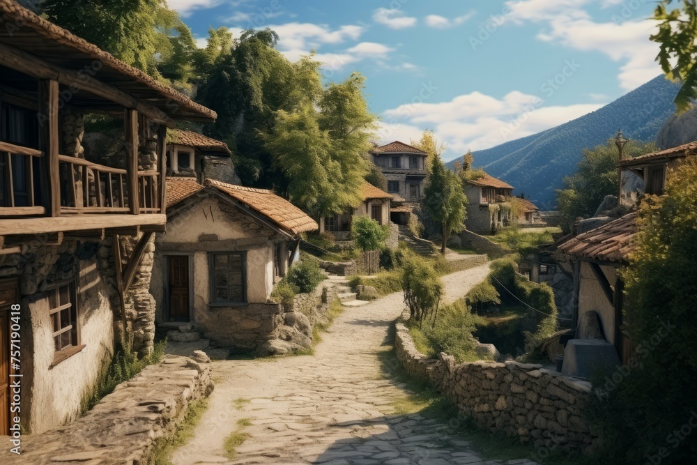 a picturesque mountain village with traditional houses and cobblestone streets