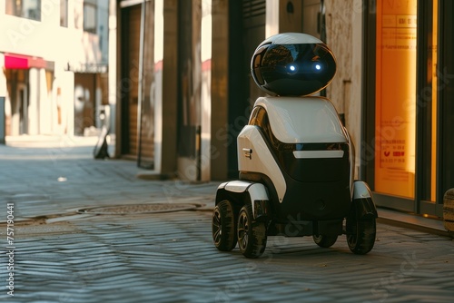 A white and black robot is riding down a bustling city street, surrounded by skyscrapers and pedestrians, A robot courier delivering packages, AI Generated