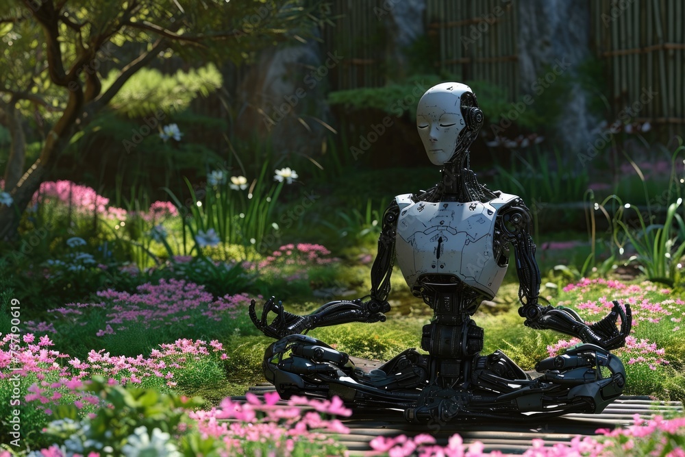 A robot sits amidst a colorful array of flowers in a garden, A robot doing yoga in a peaceful garden, AI Generated - obrazy, fototapety, plakaty 