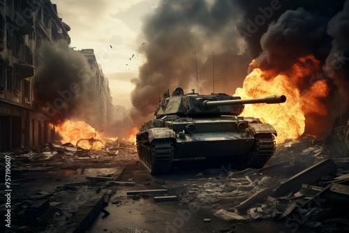 A tank driving through a destroyed city street, with smoke and destruction in the background