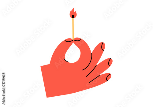 Hand drawn cute cartoon illustration hand holding burning match. Flat vector outdoor fire equipment sticker in doodle style. Wooden stick in flame icon. Mental burnout. New idea or startup. Isolated.