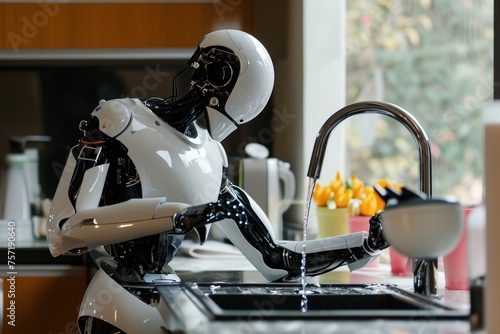 A high-tech robot is seen washing dishes in a kitchen sink, demonstrating its advanced cleaning capabilities, A robot engaging in household chores, AI Generated photo