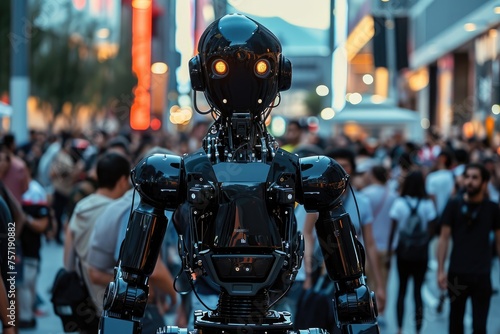 A robot stands motionless amidst a crowd of people and vehicles on a bustling city street, A robot in the middle of a bustling city crowd, AI Generated © Iftikhar alam