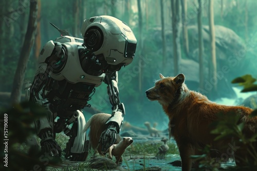 A dog and a robot standing together amidst the trees in the forest, A robot interacting with wild animals, AI Generated