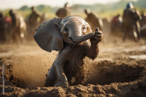 A baby elephant playing in the mud, its trunk reaching up to the sky in joy
