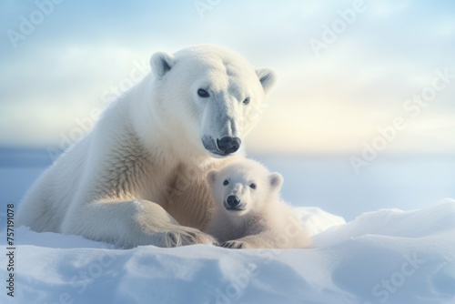 A baby polar bear cuddling with its mother on a snowy landscape