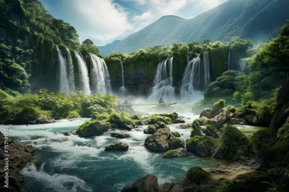 A desktop wallpaper of a beautiful and peaceful waterfall surrounded by lush green forests and mountains