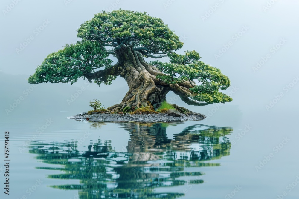 Fototapeta premium Serene bonsai tree on a small island reflected in the tranquil waters below