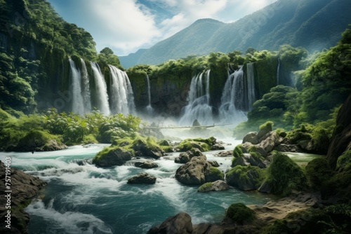 A desktop wallpaper of a beautiful and peaceful waterfall surrounded by lush green forests and mountains © Michael Böhm