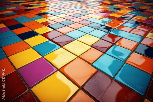 A close-up of a colorful, abstract tile floor