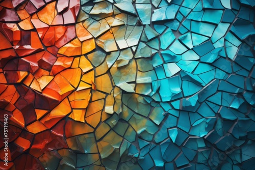 A close-up of a colorful, abstract mosaic wall