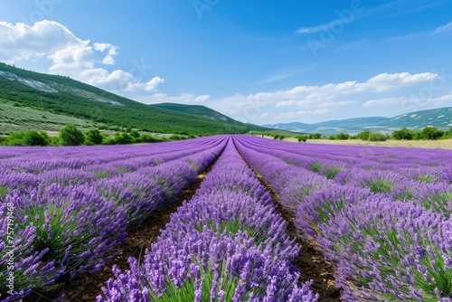 A field of lavender flowers stretching towards majestic mountains in the background, Lavender fields blooming under a clear summer sky, AI Generated