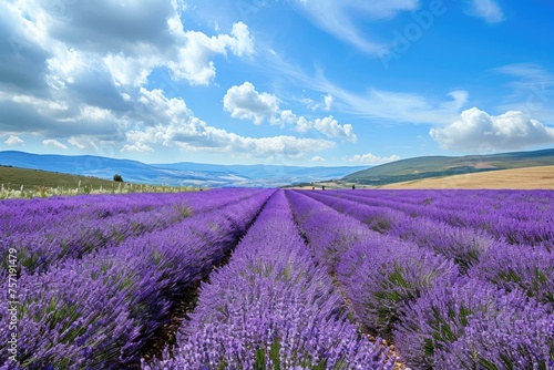 A vast expanse of lavender flowers fills the foreground while majestic mountains loom in the background  Lavender fields blooming under a clear summer sky  AI Generated