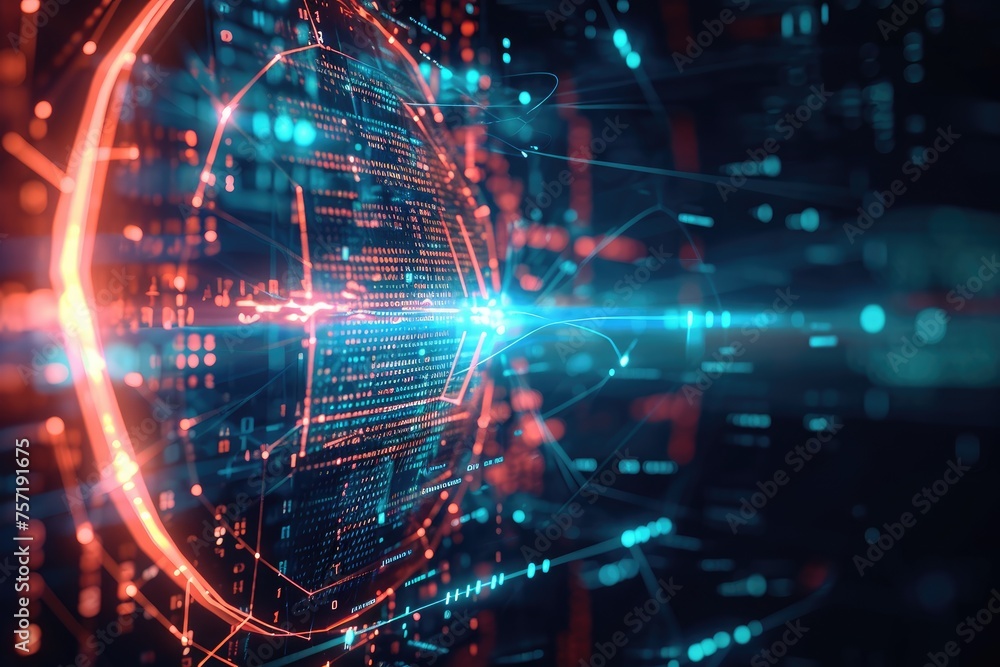 An image featuring a dynamic and futuristic abstract background composed of intersecting lines and dots, Lines of code forming into a shield, AI Generated An image featuring a dynamic and futuristic abstract background composed of intersecting lines and dots, Lines of code forming into a shield, AI Generated