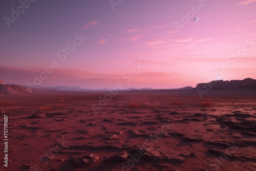 A barren wasteland, the sky is a deep pink, the horizon is flat and empty, the sun is setting in the distance