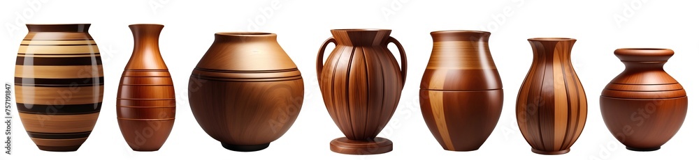 Set of various beautiful wooden vases isolated on transparent background. Generative AI