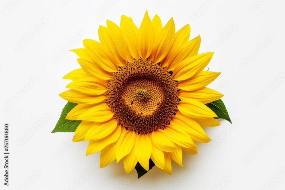 Fototapeta premium A close-up of a yellow sunflower against a white background, with its petals spread open and its center stamen exposed