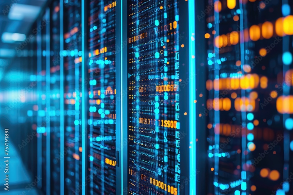 A row of high-performance servers lined up in a secure and organized data center facility, Mainframe servers with binary code matrix in the backdrop, AI Generated