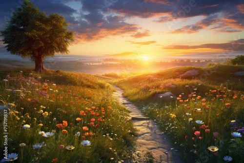 A field of wildflowers in bloom, with a path leading off into the distance and the sun setting in the background