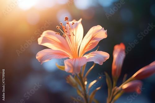 A close-up of a single spring flower  with its vibrant colors and delicate petals illuminated by a ray of sunlight