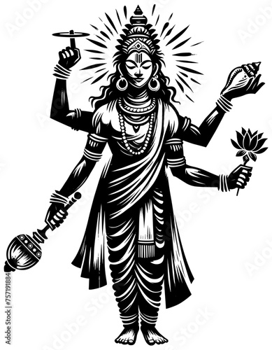 Hindu God Vishnu Linocut