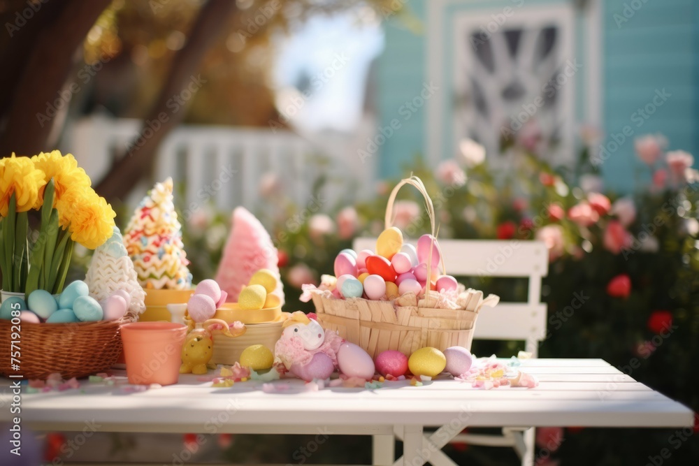 A shot of a small wooden table covered with Easter decorations and treats, with a white picket fence in the background