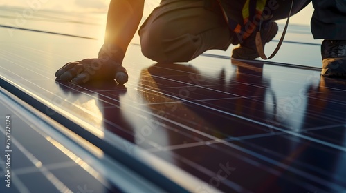 Close up of worker technician installing solar panels on a rooftop, renewable energy concept