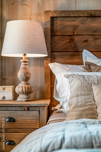 Close up of rustic bedside table lamp near bed with wood headboard. French country, farmhouse, provence interior design of modern bedroom