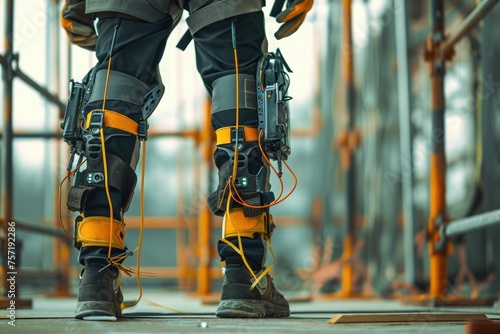 A Man in Safety Gear Standing on a Construction Site, Mechanical exoskeletons used in heavy lifting at construction sites, AI Generated