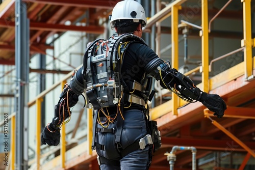 A man wearing safety gear ascends a set of stairs in a focused manner, Mechanical exoskeletons used in heavy lifting at construction sites, AI Generated