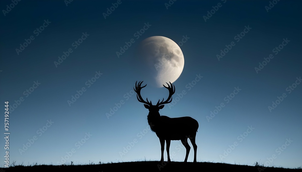 A Stag With Antlers Silhouetted Against The Moon