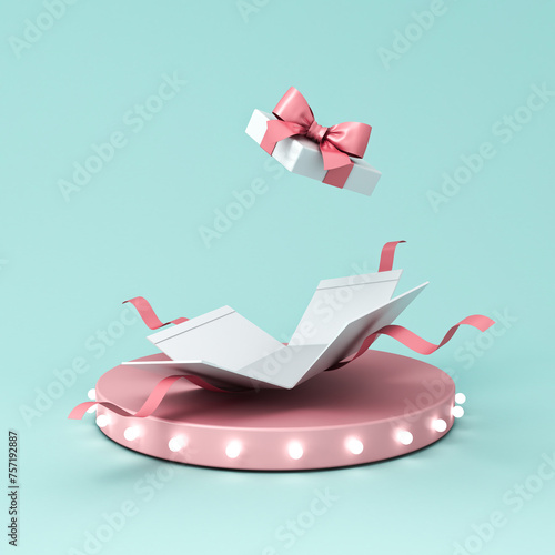 Blank sweet present box or open gift box with pink ribbon and bow on pink podium pedestal or platform with glowing retro neon light bulbs on blue pastel color background minimal concept 3D rendering