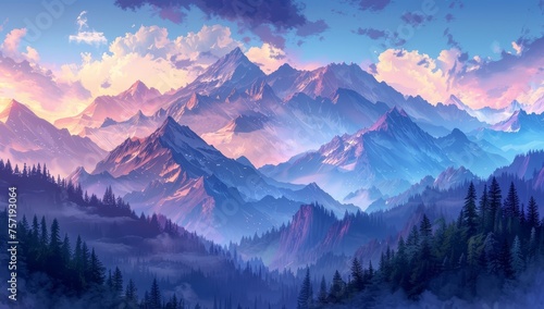 A panoramic view of the majestic mountains under a cloudy sky, rendered in a simple vector art style. 