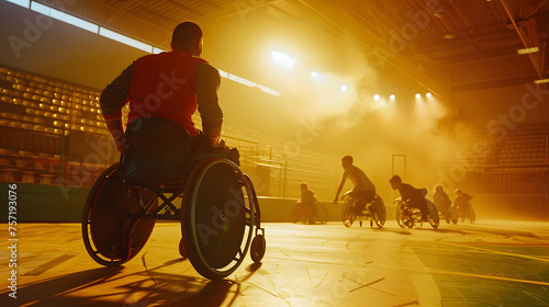 Disabled athlete in a wheelchair playing basketball. Person with handicap doing sports.