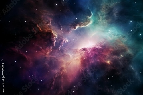 A closeup shot of a mysterious, glowing and colourful nebula in space