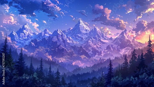 A panoramic view of the snowcapped mountains  with dark blue and purple hues in the sky.