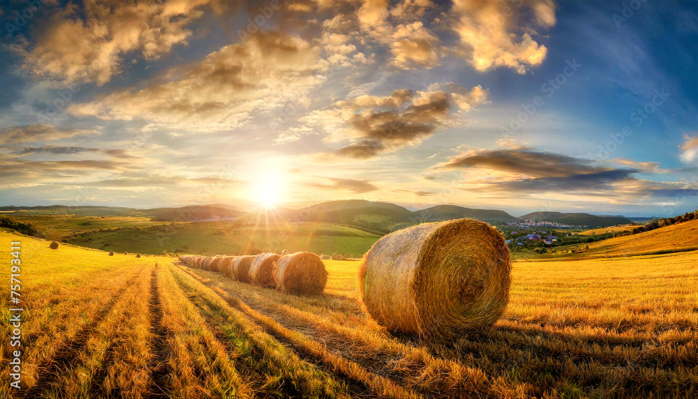 Row of hay bales on a golden beautiful landscape at sunset or sunrise. Agricultural field with hills and sky with clouds in the background. Generative Ai.