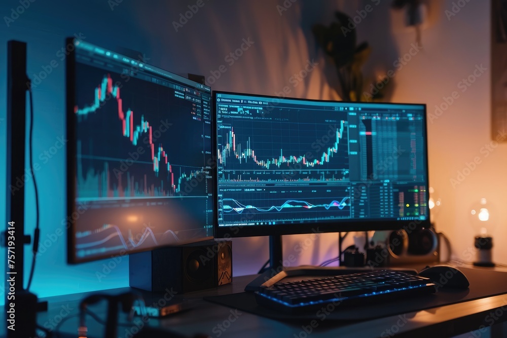 A work desk with two monitors and a keyboard setup for productivity and efficient multitasking, Monitors showing live cryptocurrency trading charts, AI Generated