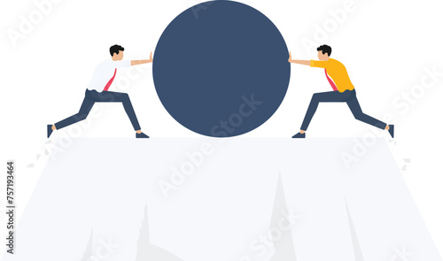 Leadership rivalry between two businessmen pushing a boulder against each other to eliminate from competition

