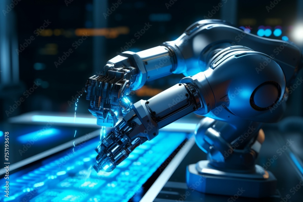 A robot arm, with a glowing blue light, reaching out of a circuit board A robot arm, with a glowing blue light, reaching out of a circuit board