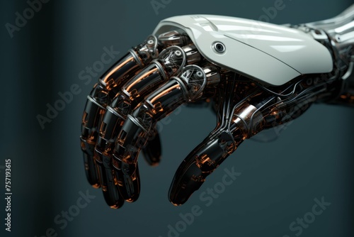 A close-up of a robotic hand, with wires and circuitry visible beneath the surface