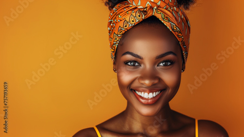 Beautiful young black woman smiling with African pattern head wrap on a bright orange gradient background. Room for copy.