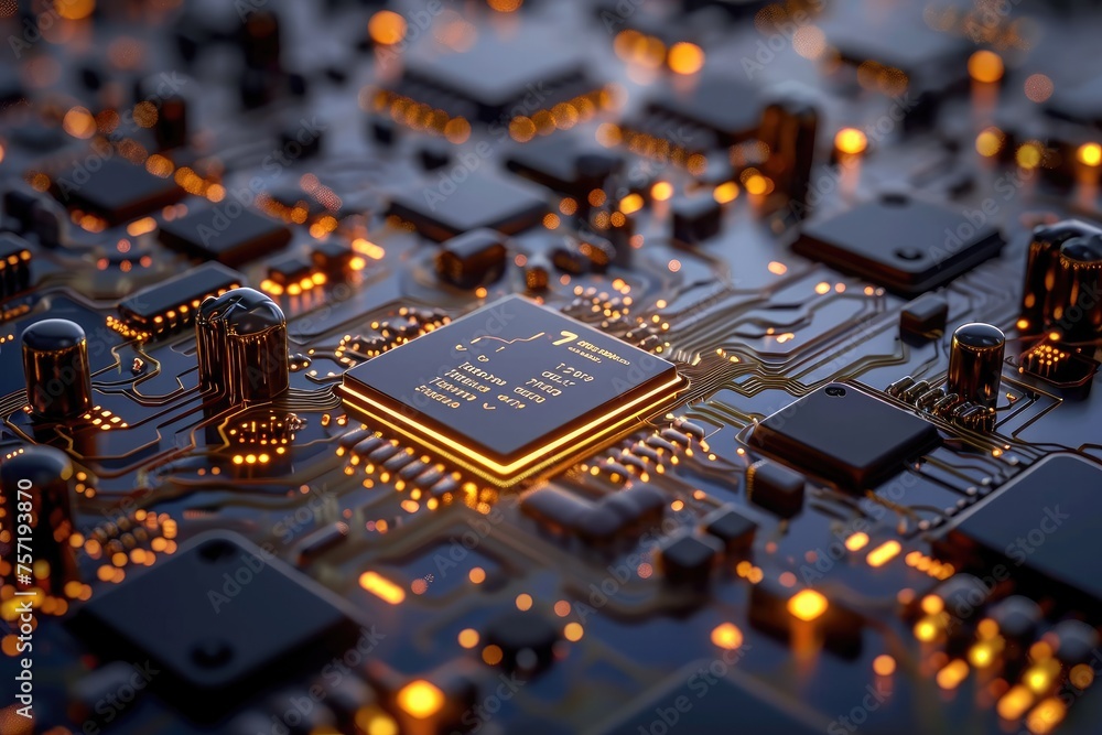 A detailed view of a circuit board featuring numerous lights and electrical components, Nanoscale components of a future tech device, AI Generated A detailed view of a circuit board featuring numerous lights and electrical components, Nanoscale components of a future tech device, AI Generated