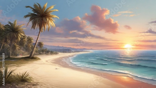 Sun-Kissed Shores A Hyperrealistic oil painted Sunset Beach