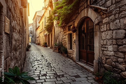 A photo showing a narrow cobblestone street lined with historic buildings in an old town, Narrow cobblestone streets in a historic European town, AI Generated