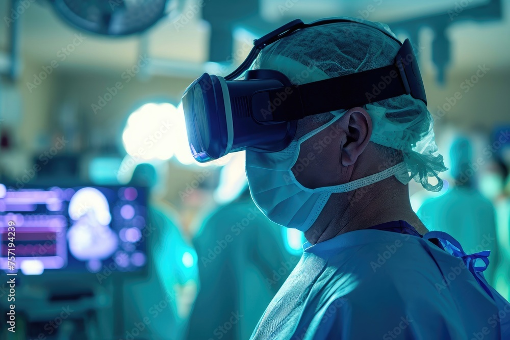A focused surgeon wearing a protective mask and goggles performs a surgery in a sterile operating room, Neurosurgeon using virtual reality for surgical planning, AI Generated A focused surgeon wearing a protective mask and goggles performs a surgery in a sterile operating room, Neurosurgeon using virtual reality for surgical planning, AI Generated