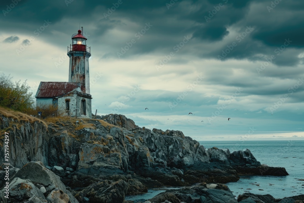 A lighthouse stands proudly atop a rocky cliff, providing a guiding light for ships navigating the ocean, Old lighthouse standing guard on a rocky seashore, AI Generated