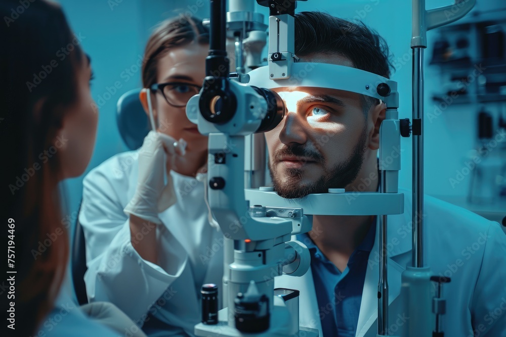 A man wearing glasses focusedly looks at a woman, engaging in a visual interaction, Optometrist examining a patient's eyes, AI Generated A man wearing glasses focusedly looks at a woman, engaging in a visual interaction, Optometrist examining a patient's eyes, AI Generated